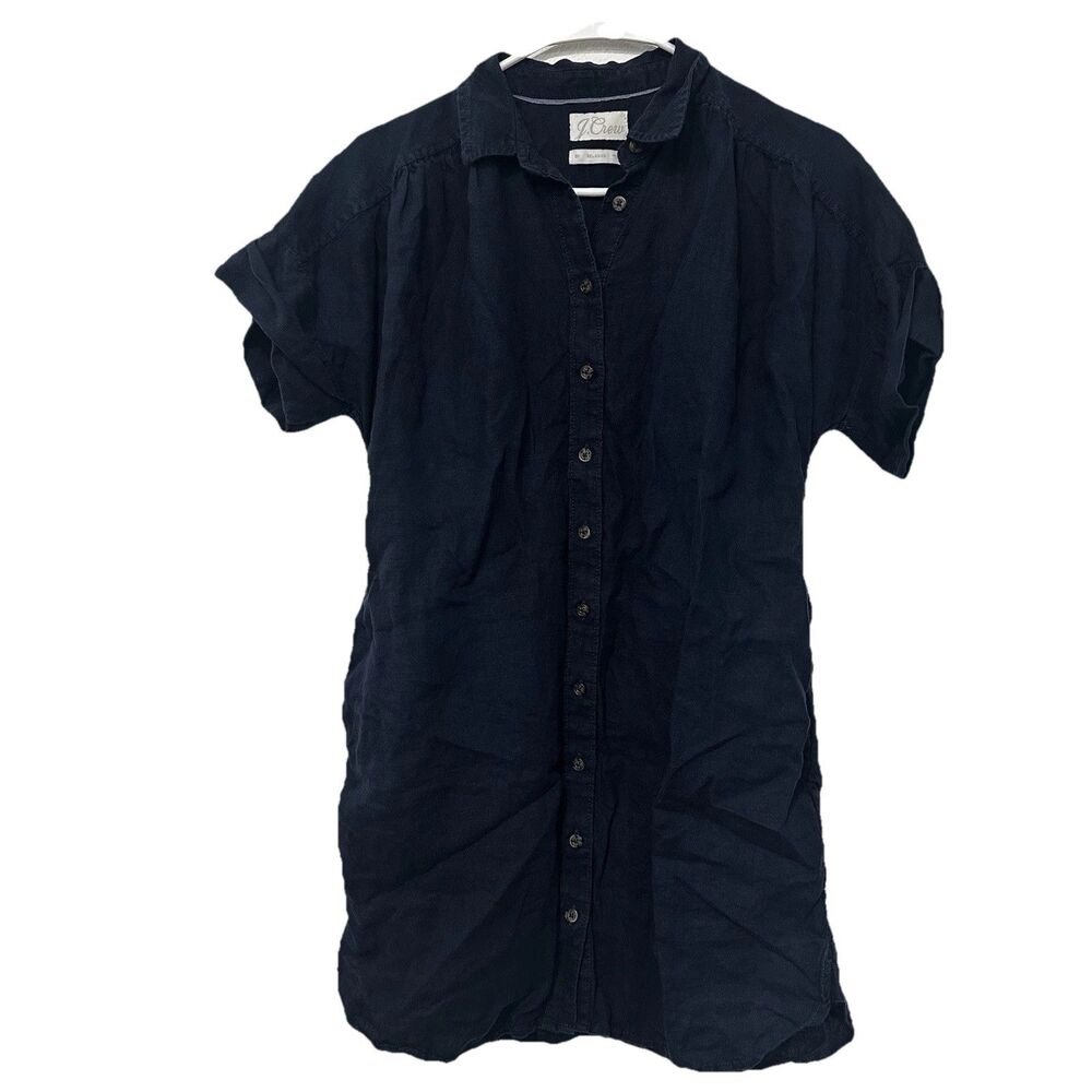 J Crew Women’s Shirt Dress 100% Linen Black Button Up Pockets S/P Relaxed Flaw